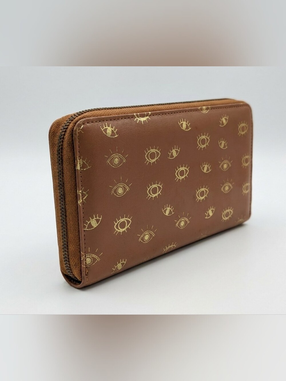 Brown Gold Evil Eye Travel Wallet Passport Document Organizer Zip Around